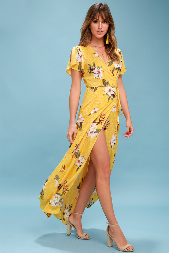 Lovely Yellow Tropical Print Dress ...